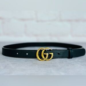Authentic Gucci Black Leather Slim GG Marmont Belt 409417 80/32